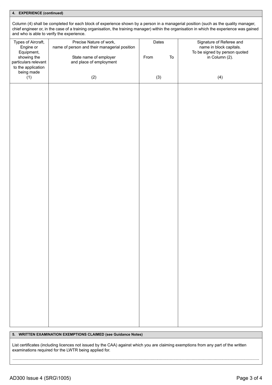 Form SRG 1005 (AD300) Aircraft Maintenance Engineers Licence Grant or Extension - Application - United Kingdom, Page 3