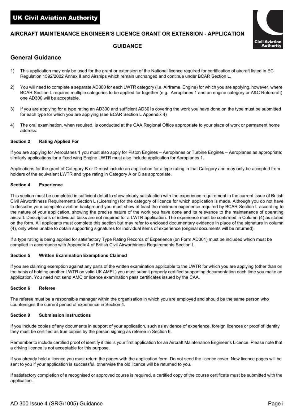 Form SRG 1005 (AD300) Aircraft Maintenance Engineers Licence Grant or Extension - Application - United Kingdom, Page 4