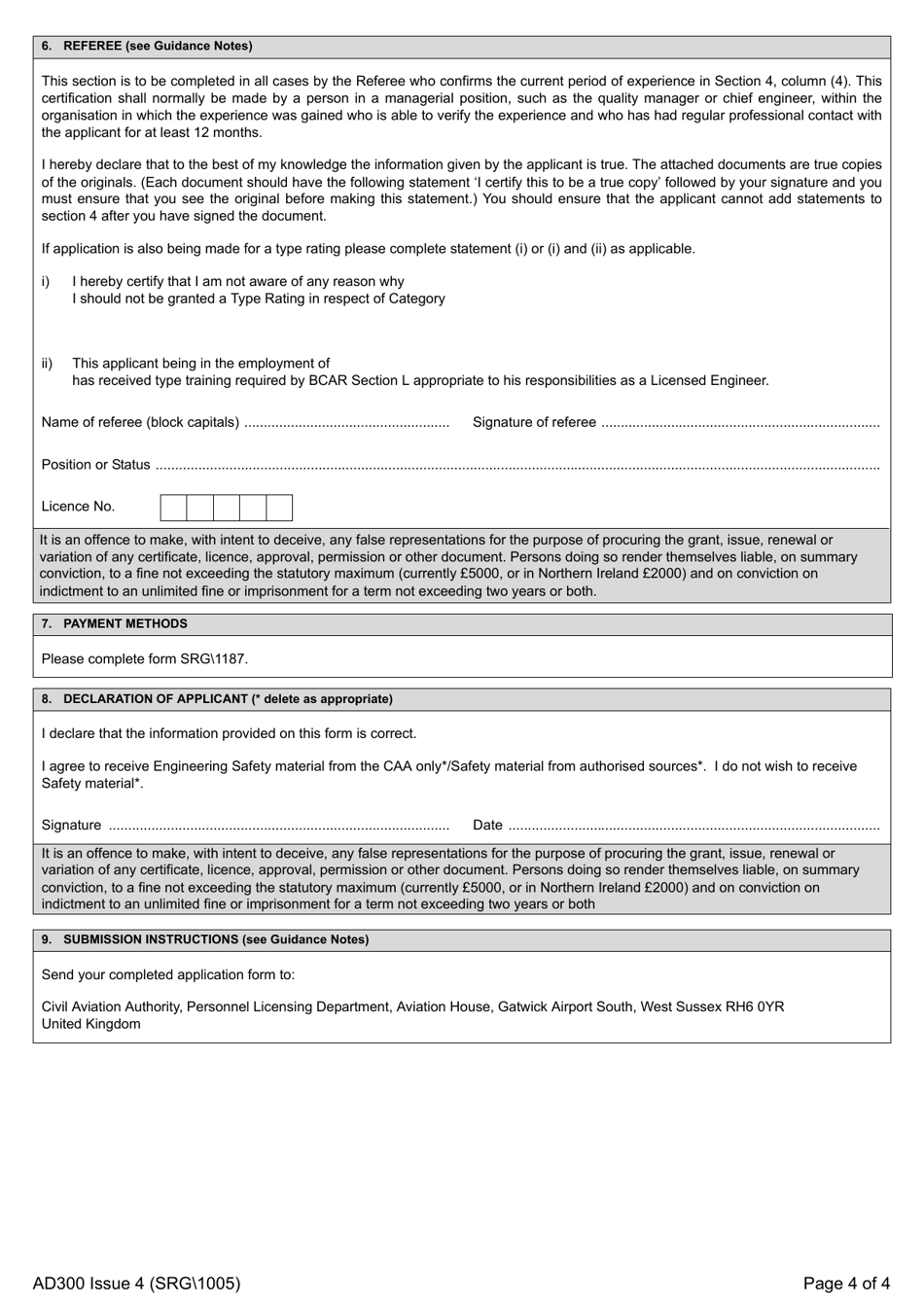 Form SRG 1005 (AD300) Aircraft Maintenance Engineers Licence Grant or Extension - Application - United Kingdom, Page 5