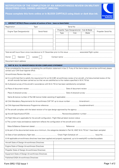 Form SRG1722 Notification of the Completion of an Airworthiness Review on Military Registered Civil Owned Aircraft (Mrcoa) - United Kingdom