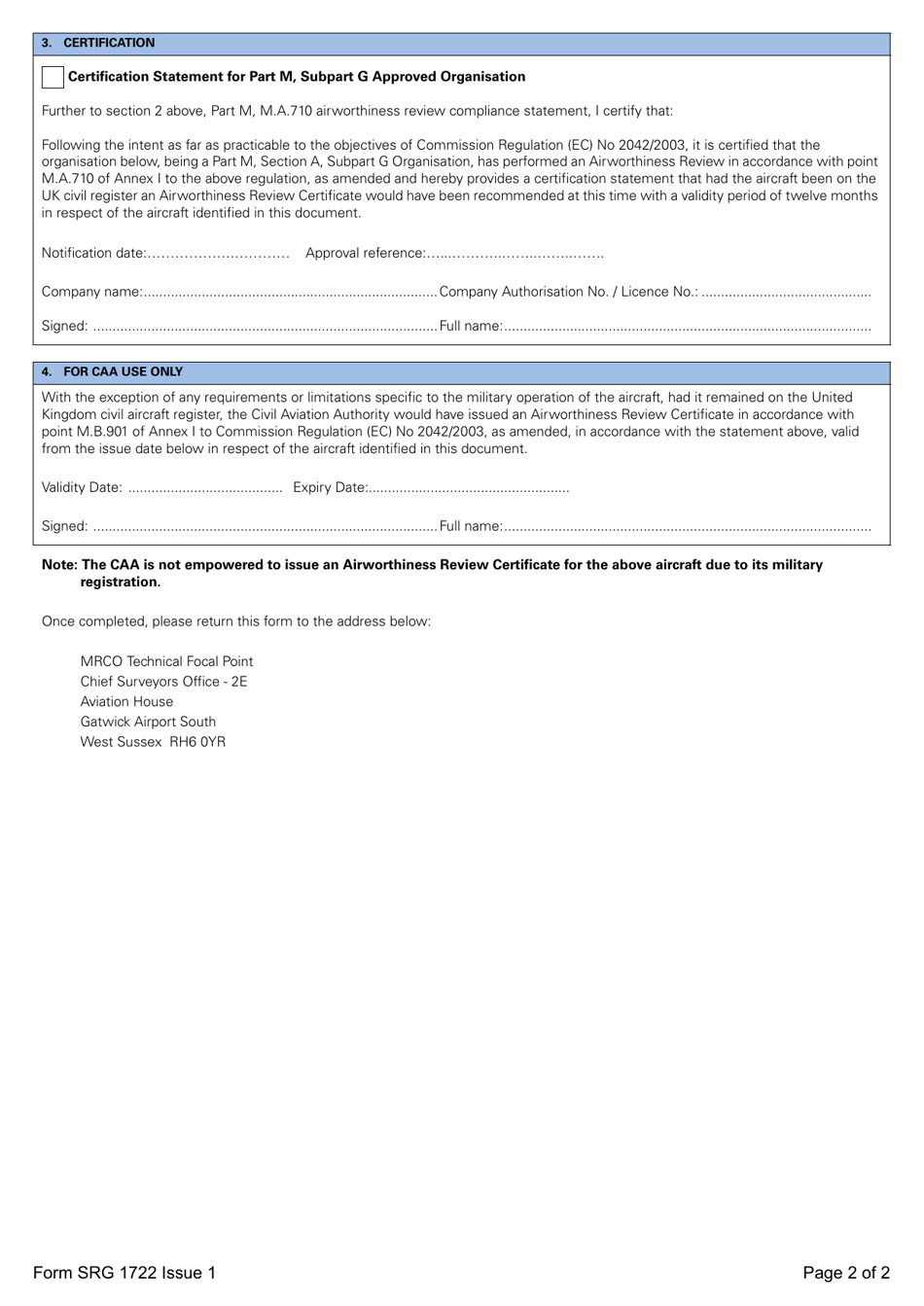 Form SRG1722 Notification of the Completion of an Airworthiness Review on Military Registered Civil Owned Aircraft (Mrcoa) - United Kingdom, Page 2