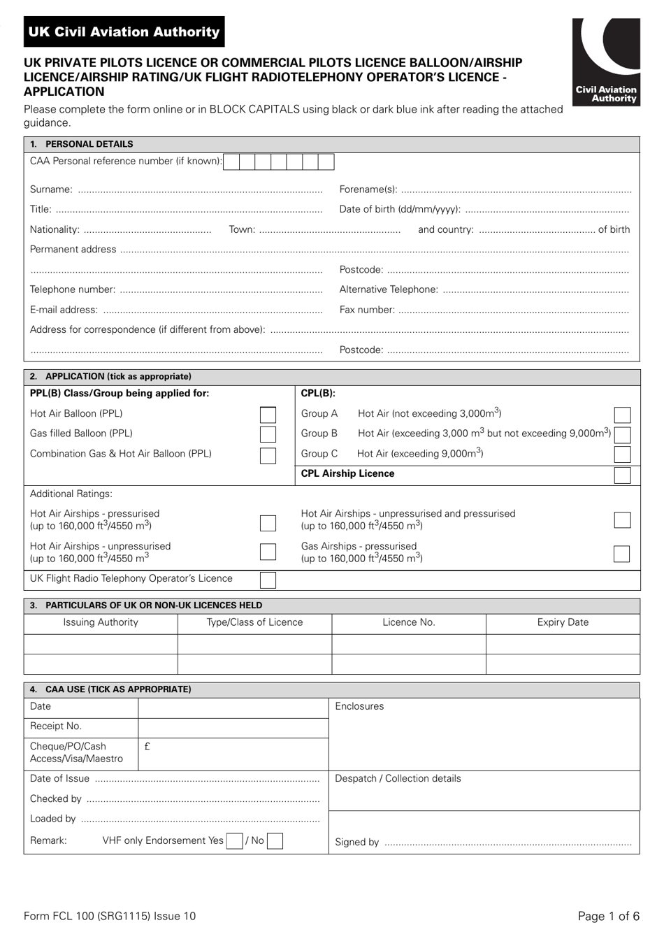 Form SRG1115 (FCL100) UK Private Pilots Licence or Commercial Pilots Licence Balloon / Airship Licence / Airship Rating / UK Flight Radiotelephony Operators Licence - Application - United Kingdom, Page 1