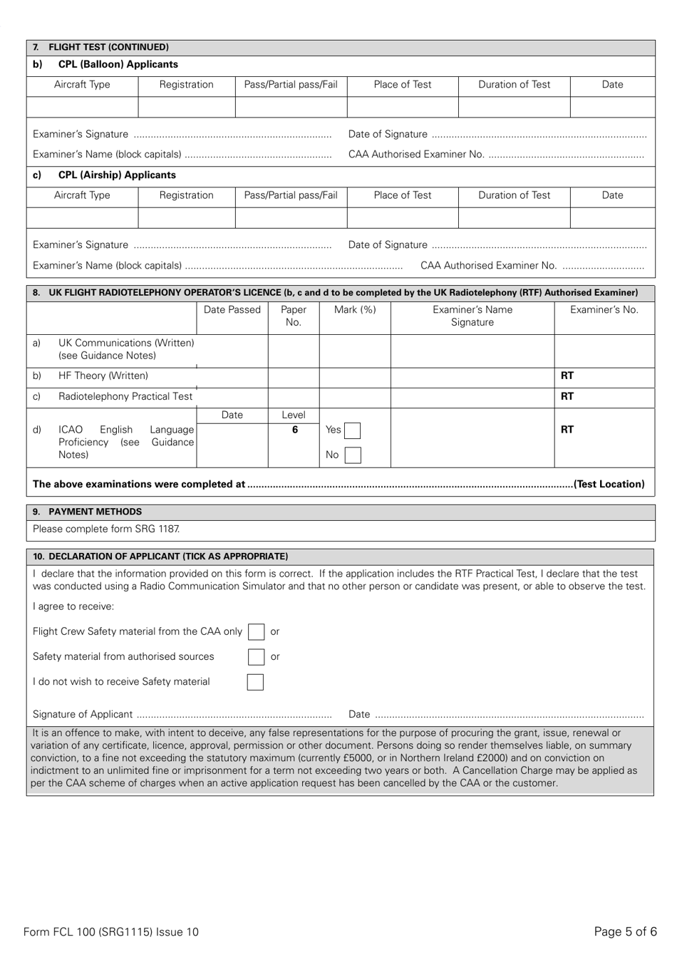 Form SRG1115 (FCL100) UK Private Pilots Licence or Commercial Pilots Licence Balloon / Airship Licence / Airship Rating / UK Flight Radiotelephony Operators Licence - Application - United Kingdom, Page 5