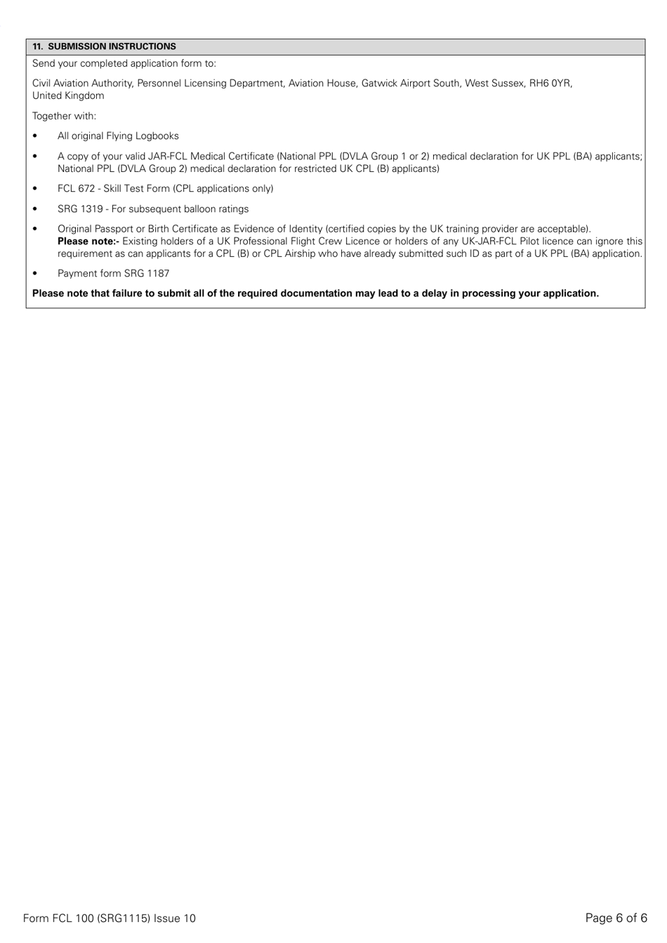 Form SRG1115 (FCL100) UK Private Pilots Licence or Commercial Pilots Licence Balloon / Airship Licence / Airship Rating / UK Flight Radiotelephony Operators Licence - Application - United Kingdom, Page 6