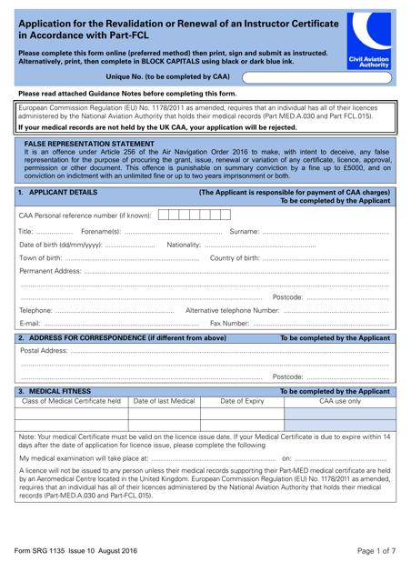 Form SRG1135 Application for the Revalidation or Renewal of an Instructor Certificate in Accordance With Part-Fcl - United Kingdom