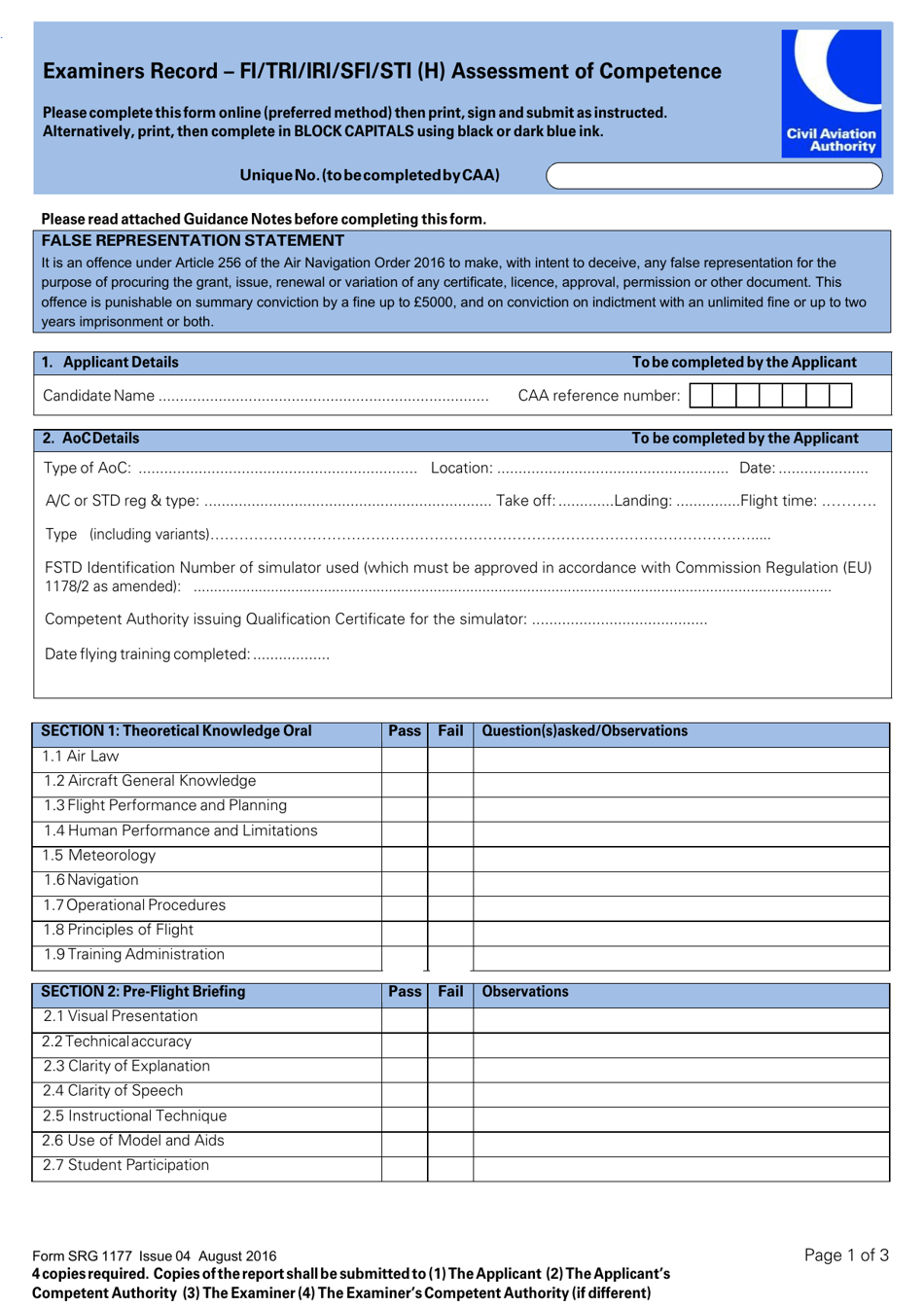 Form SRG1177 Examiners Record - Fi / Tri / Iri / Sfi / Sti (H) Assessment of Competence - United Kingdom, Page 1