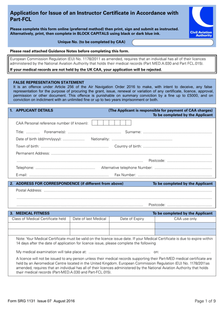 Form SRG1131 Application for Issue of an Instructor Certificate in Accordance With Part-Fcl - United Kingdom