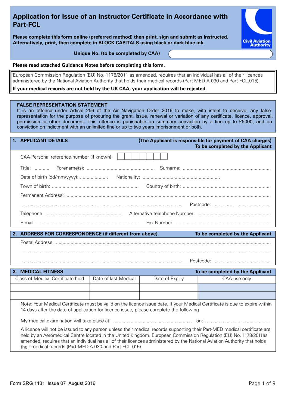Form SRG1131 Application for Issue of an Instructor Certificate in Accordance With Part-Fcl - United Kingdom, Page 1