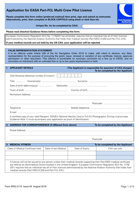 Form SRG2114 Application for Easa Part-Fcl Multi Crew Pilot Licence - United Kingdom