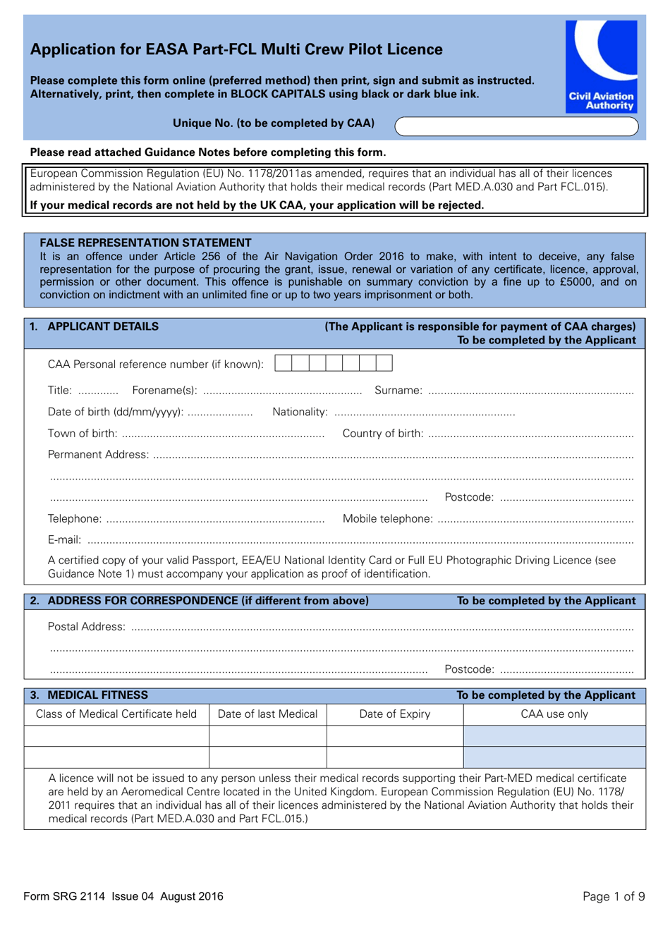 Form SRG2114 Application for Easa Part-Fcl Multi Crew Pilot Licence - United Kingdom, Page 1