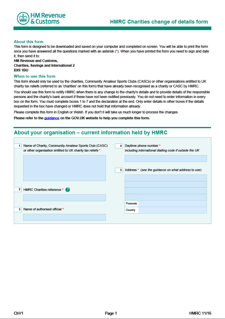 Form ChV1 Hmrc Charities Change of Details Form - United Kingdom, Page 1