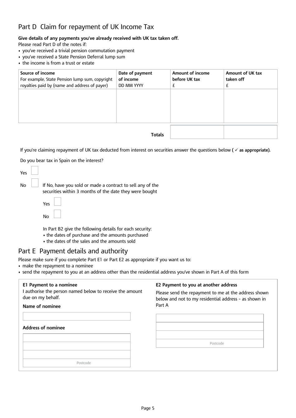 Form DT-SPAIN INDIVIDUAL Application for Relief at Source From UK Income Tax and Claim for Repayment of UK Income Tax - United Kingdom, Page 5