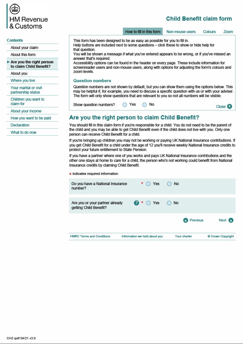 Form CH2 Child Benefit Claim Form - United Kingdom, Page 1