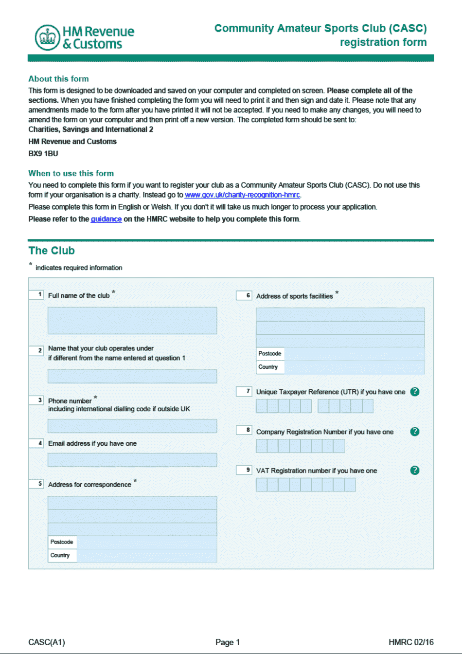 Form A1 Community Amateur Sports Club (CASC) Registration Form - United Kingdom, Page 1