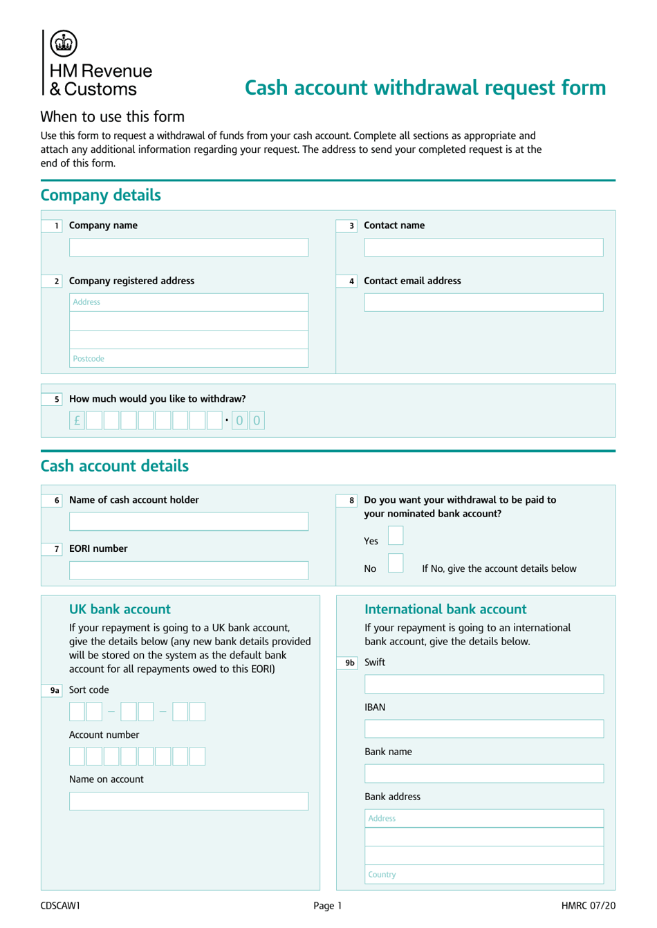 Form CDSCAW1 Cash Account Withdrawal Request Form - United Kingdom, Page 1