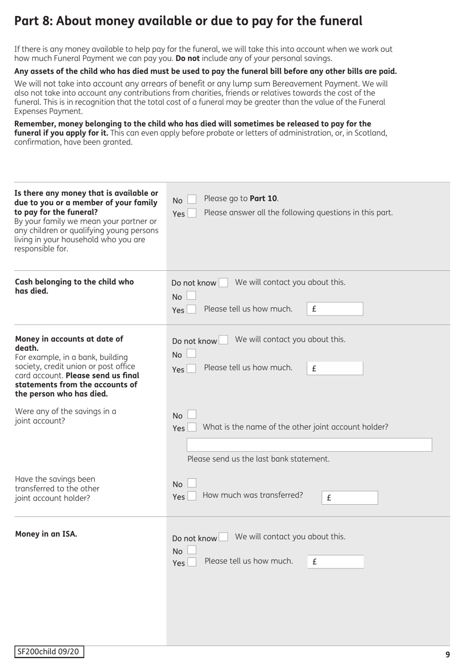 Form SF200 Social Fund Funeral Expenses Payment for a Child - United Kingdom, Page 10