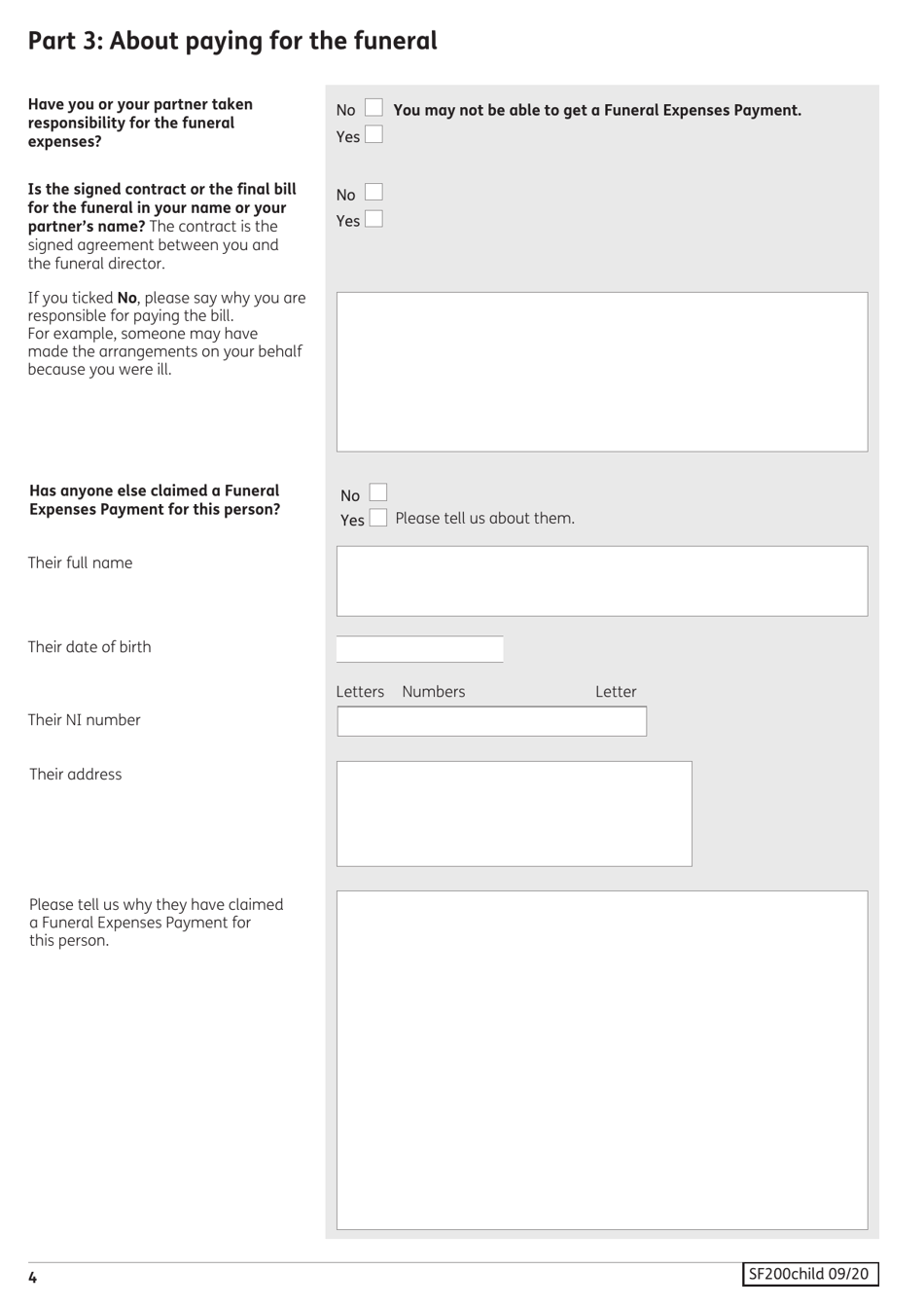 Form SF200 Social Fund Funeral Expenses Payment for a Child - United Kingdom, Page 5