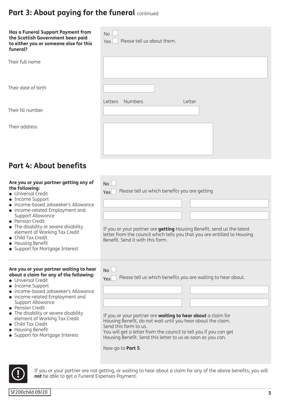 Form SF200 Social Fund Funeral Expenses Payment for a Child - United Kingdom, Page 6