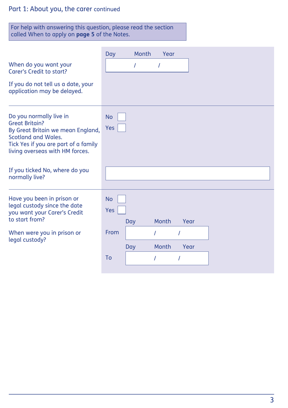 Form CC1 Carers Credit Application Form - United Kingdom, Page 3