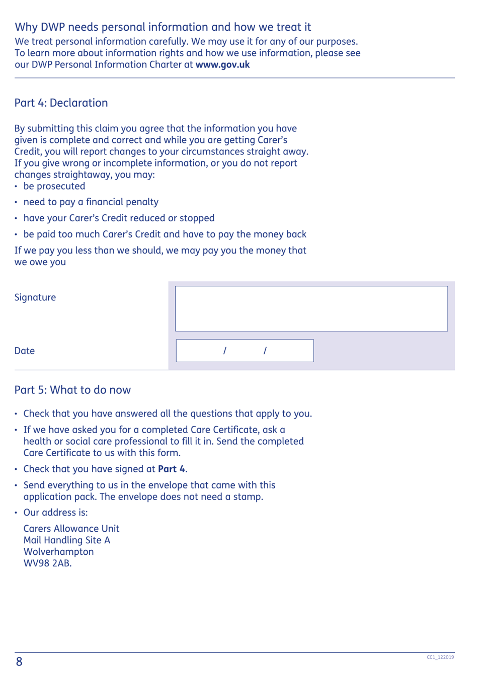 Form CC1 Carers Credit Application Form - United Kingdom, Page 8
