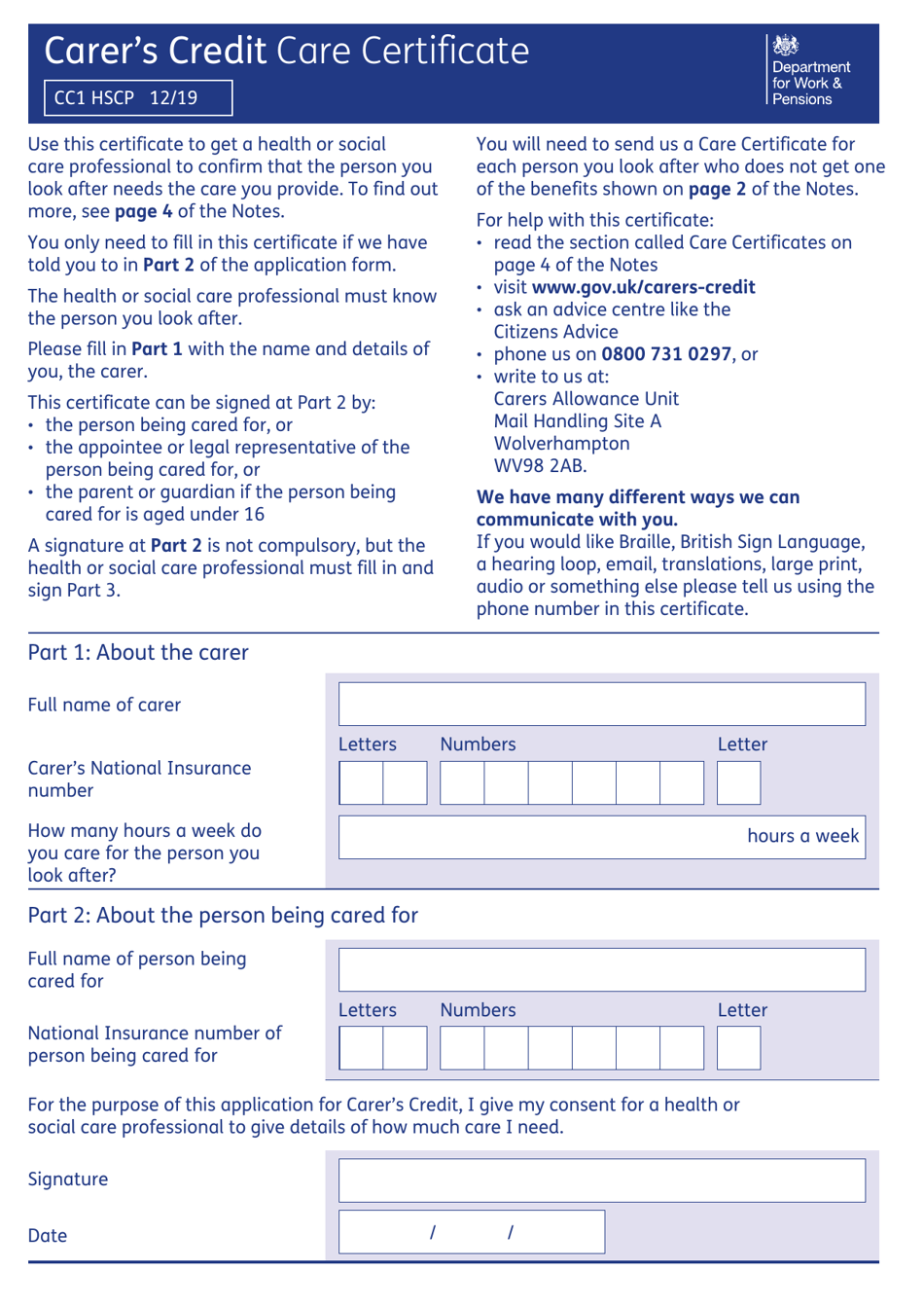 Form CC1 HSCP Carers Credit Care Certificate - United Kingdom, Page 1