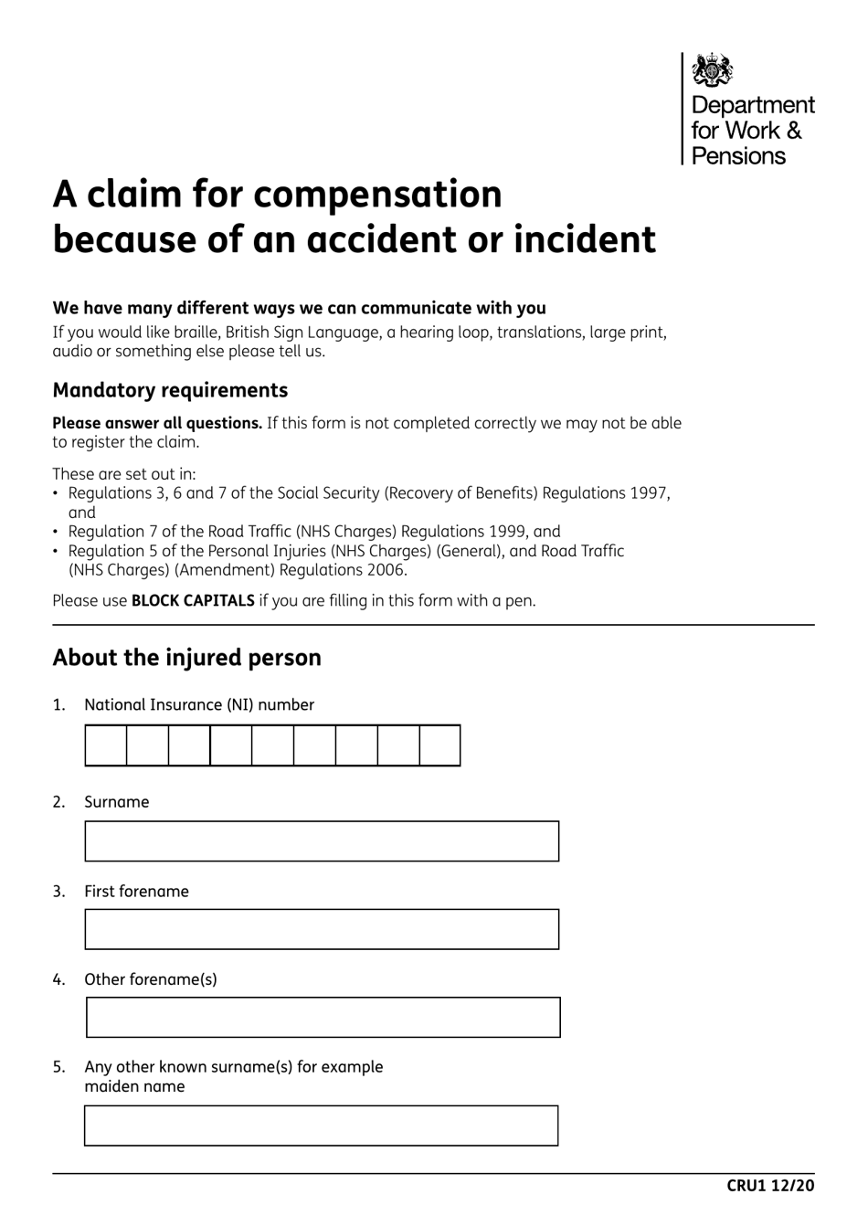 Form CRU1 A Claim for Compensation Because of an Accident or Incident - United Kingdom, Page 1