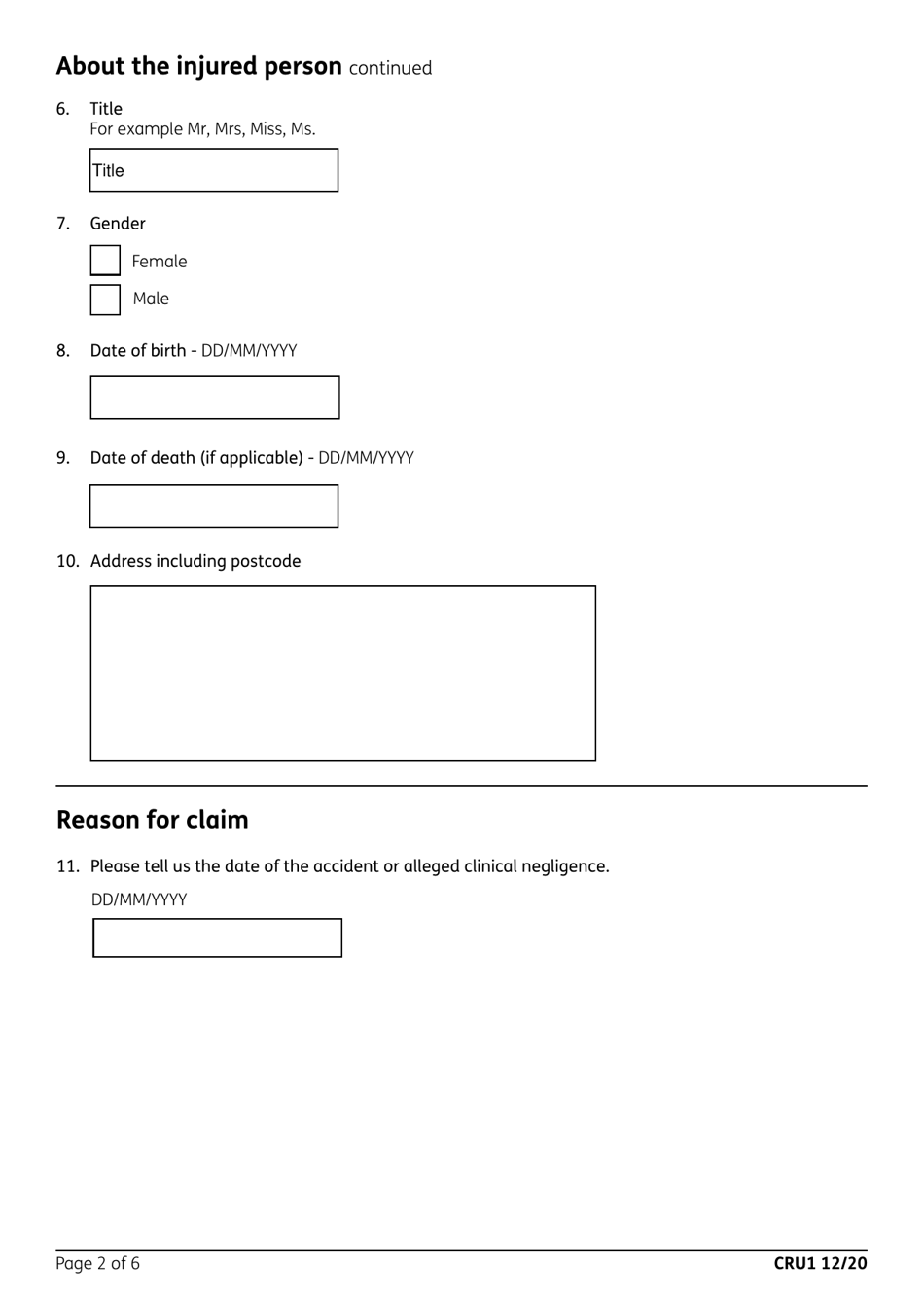 Form CRU1 A Claim for Compensation Because of an Accident or Incident - United Kingdom, Page 2