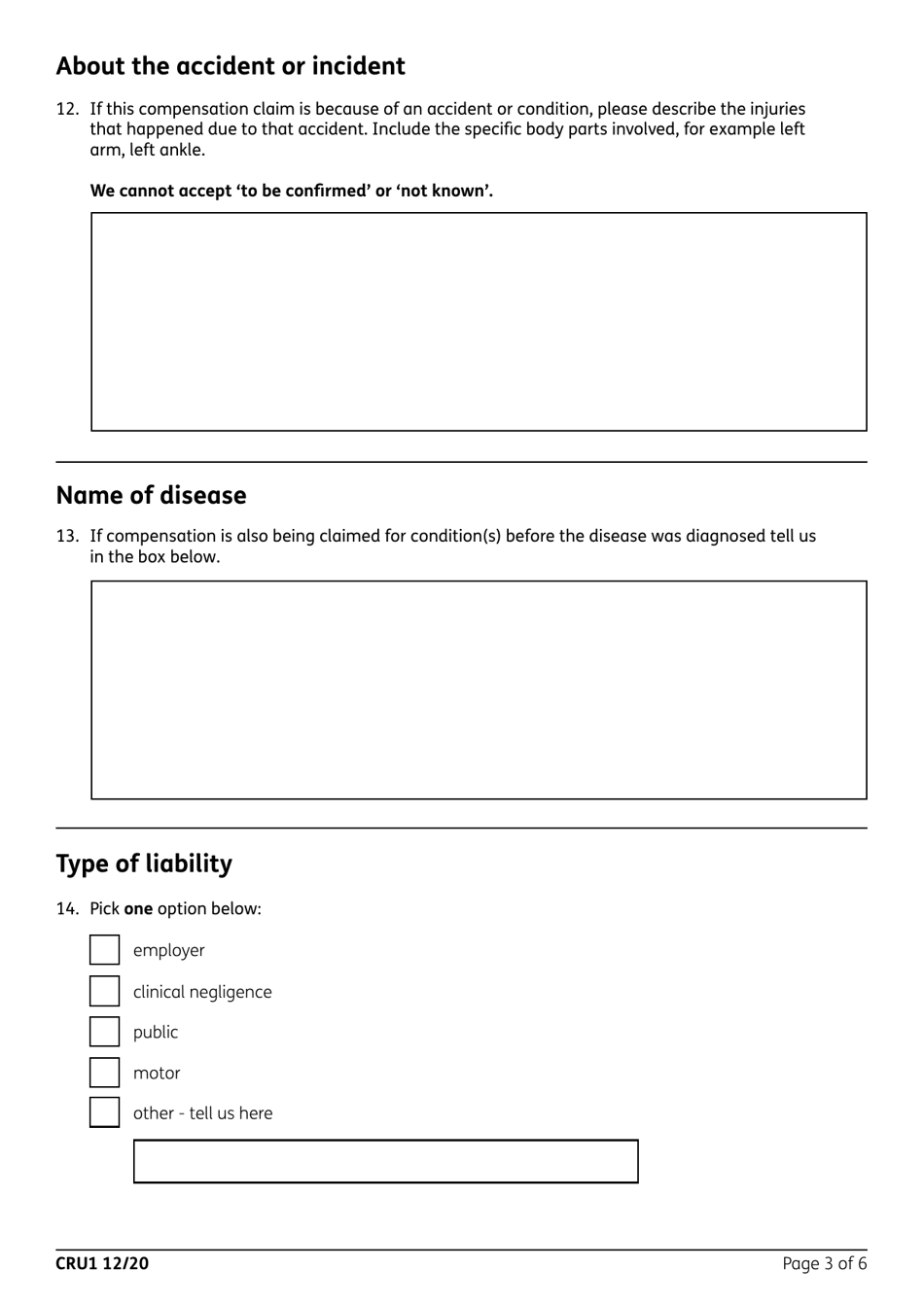 Form CRU1 A Claim for Compensation Because of an Accident or Incident - United Kingdom, Page 3