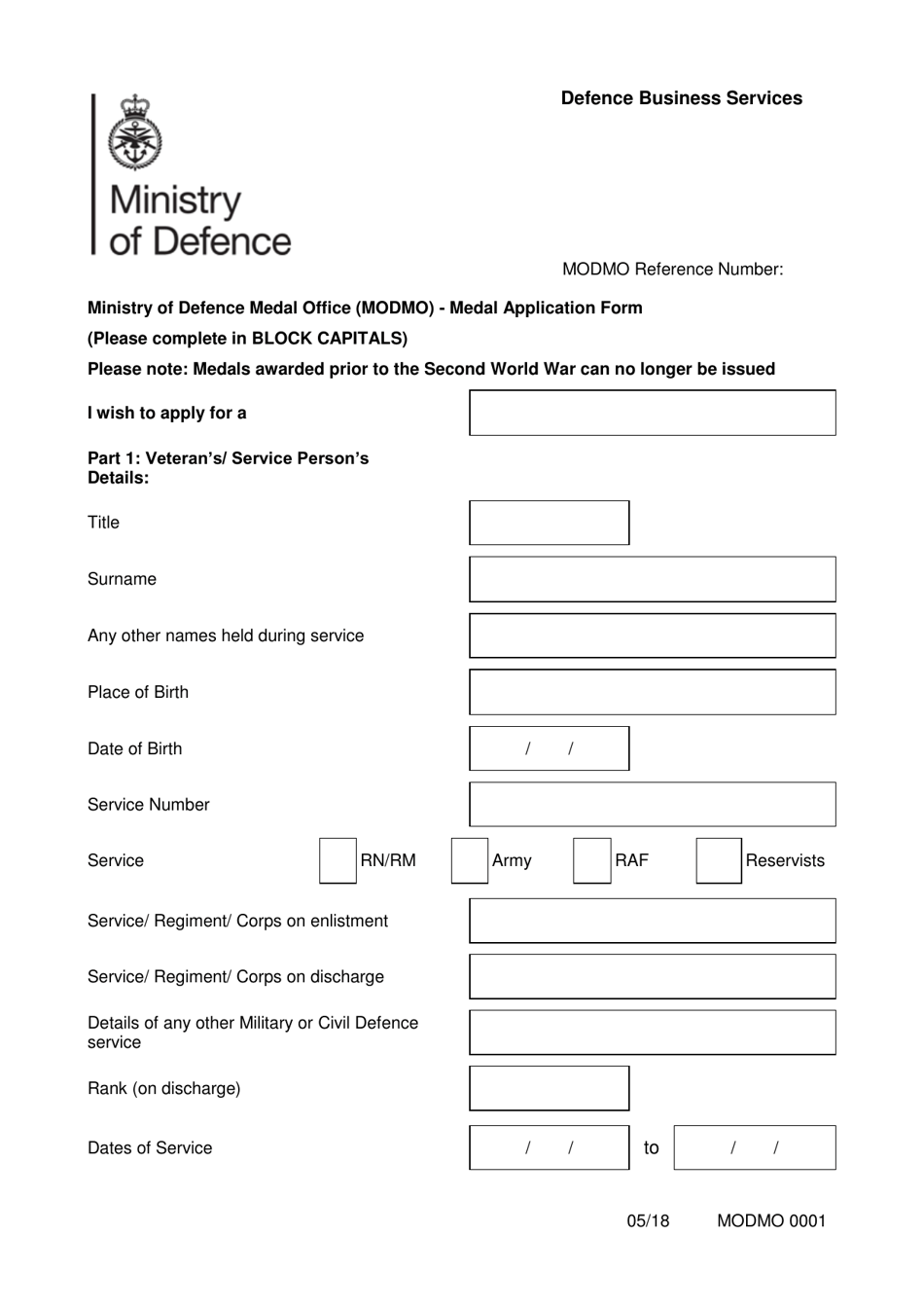 Form MODMO0001 Medal Application Form - United Kingdom, Page 1