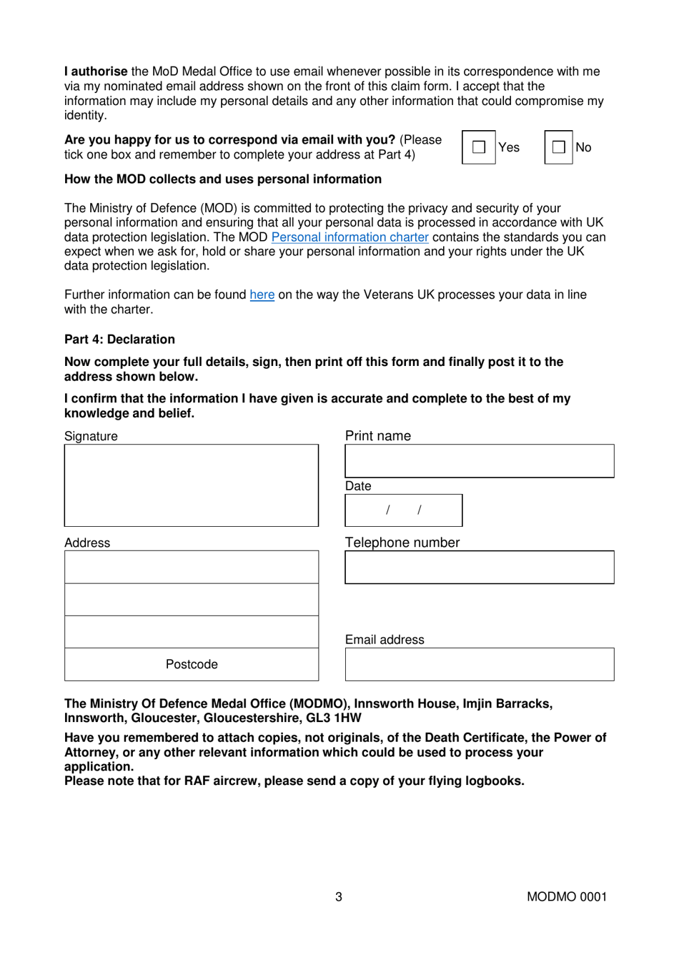 Form MODMO0001 Medal Application Form - United Kingdom, Page 3