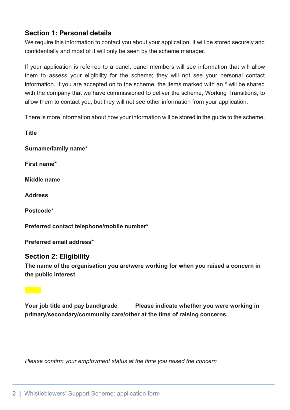 Whistleblowers Support Scheme Application Form - United Kingdom, Page 2