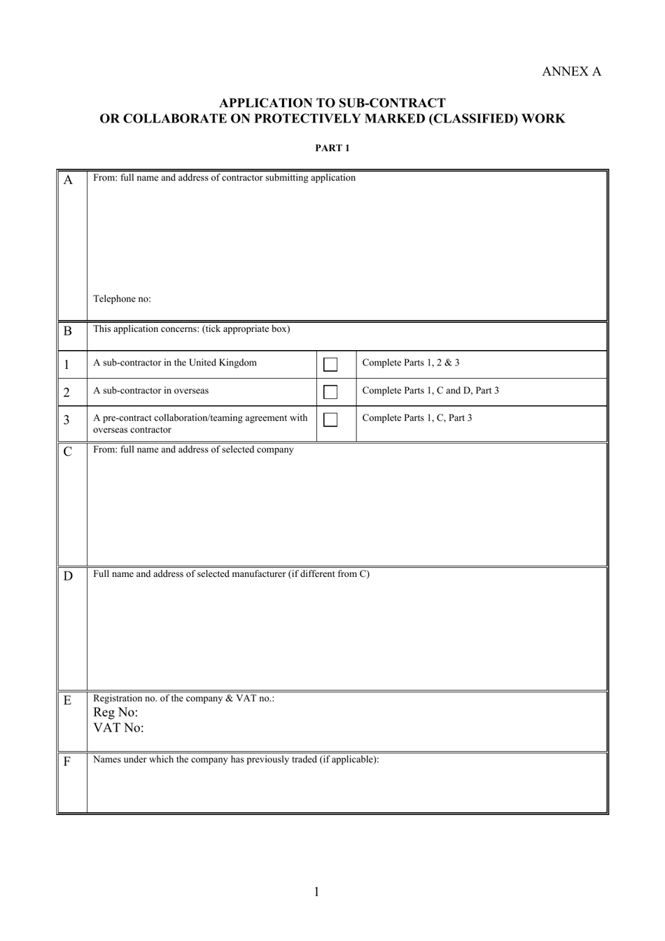 Annex A Application to Sub-contract or Collaborate on Protectively Marked (Classified) Work - United Kingdom, Page 1