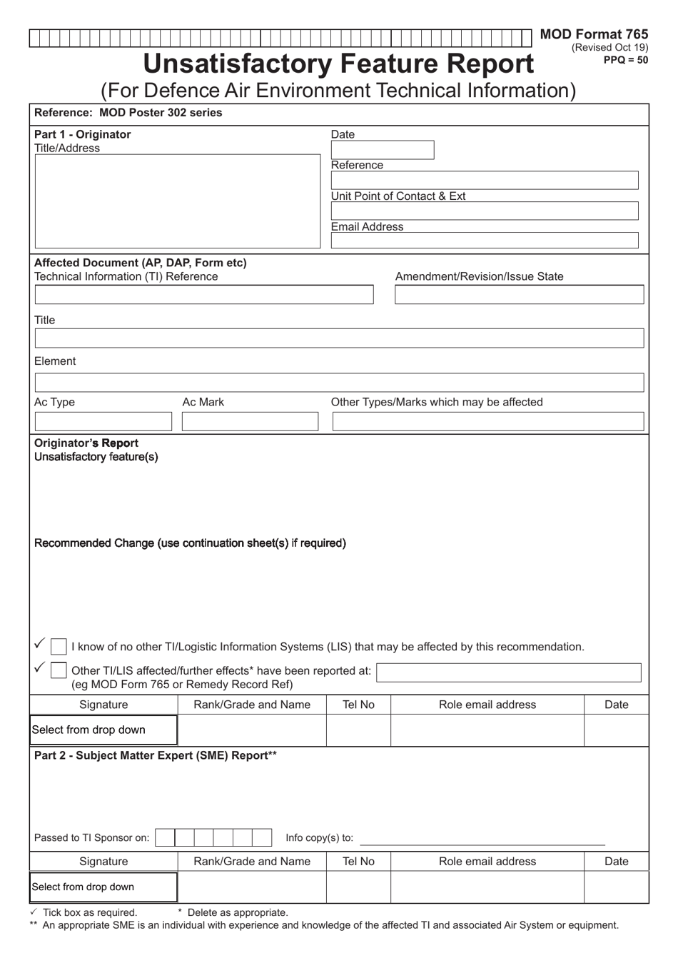 MOD Form 765 Unsatisfactory Feature Report (For Defence Air Environment Technical Information) - United Kingdom, Page 1