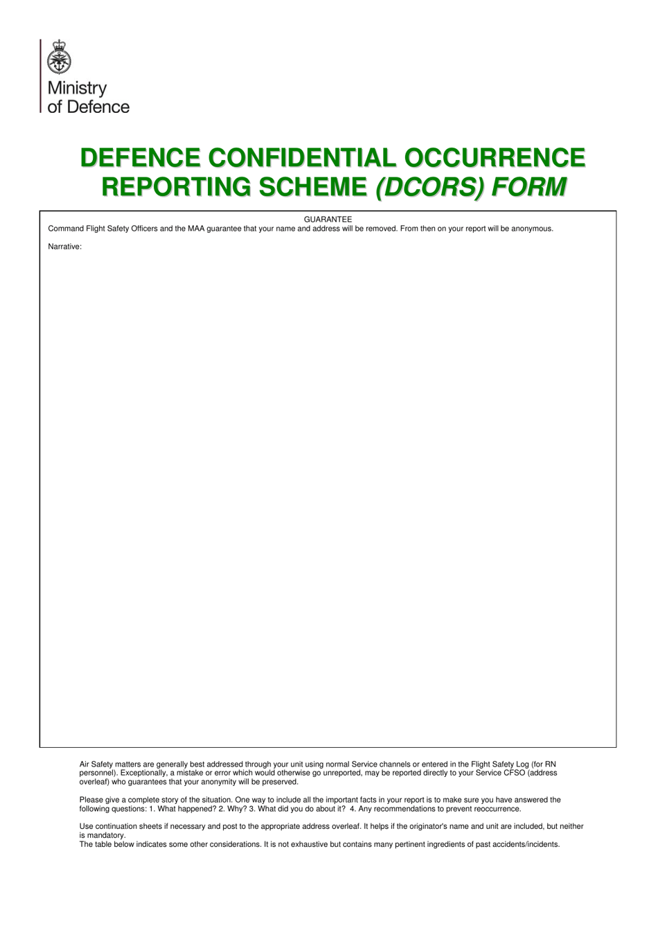 Defence Confidential Occurrence Reporting Scheme (Dcors) Form - United Kingdom, Page 1