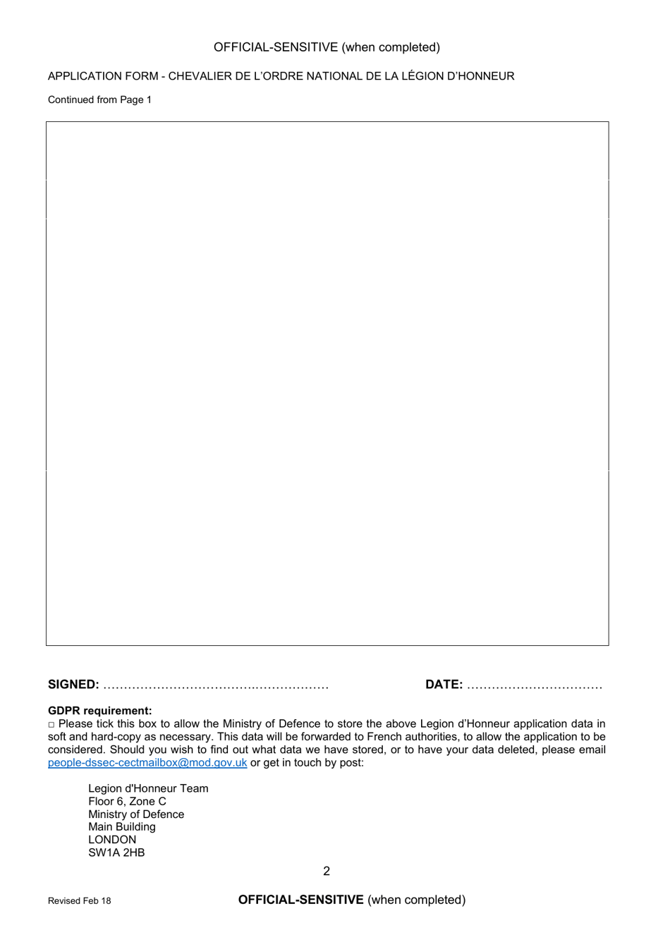 Application Form for the D-Day 70 Award of the Legion Dhonneur - United Kingdom, Page 2