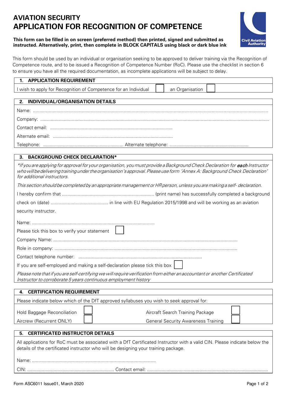 Form ASC6011 Application for Recognition of Competence - United Kingdom, Page 1