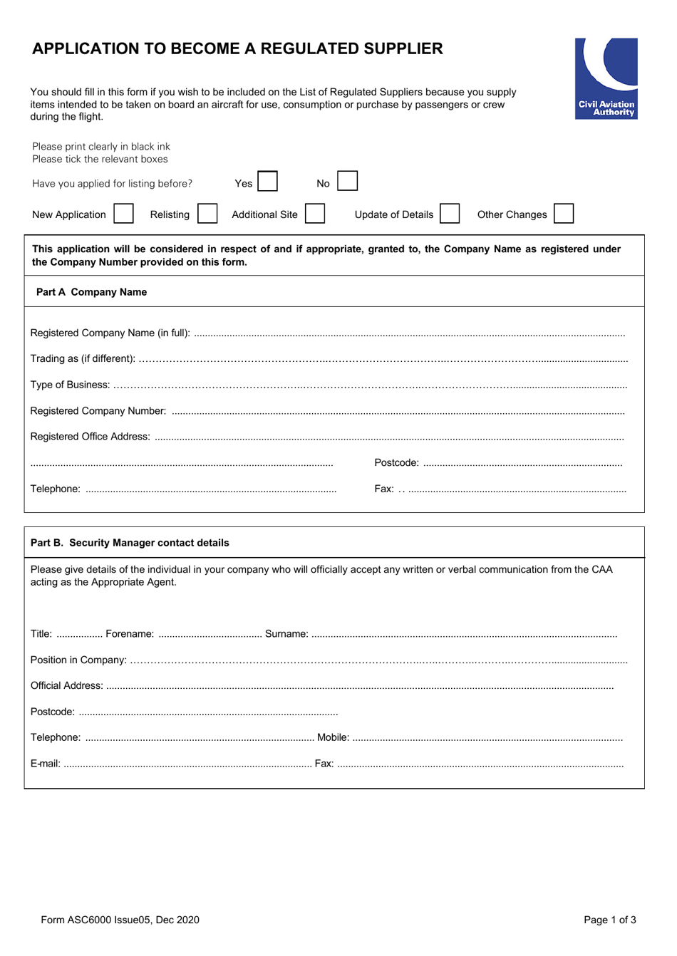 Form ASC6000 Application to Become a Regulated Supplier - United Kingdom, Page 1