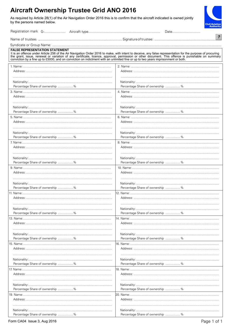 Form CA04 Aircraft Ownership Trustee Grid Ano 2016 - United Kingdom, Page 1