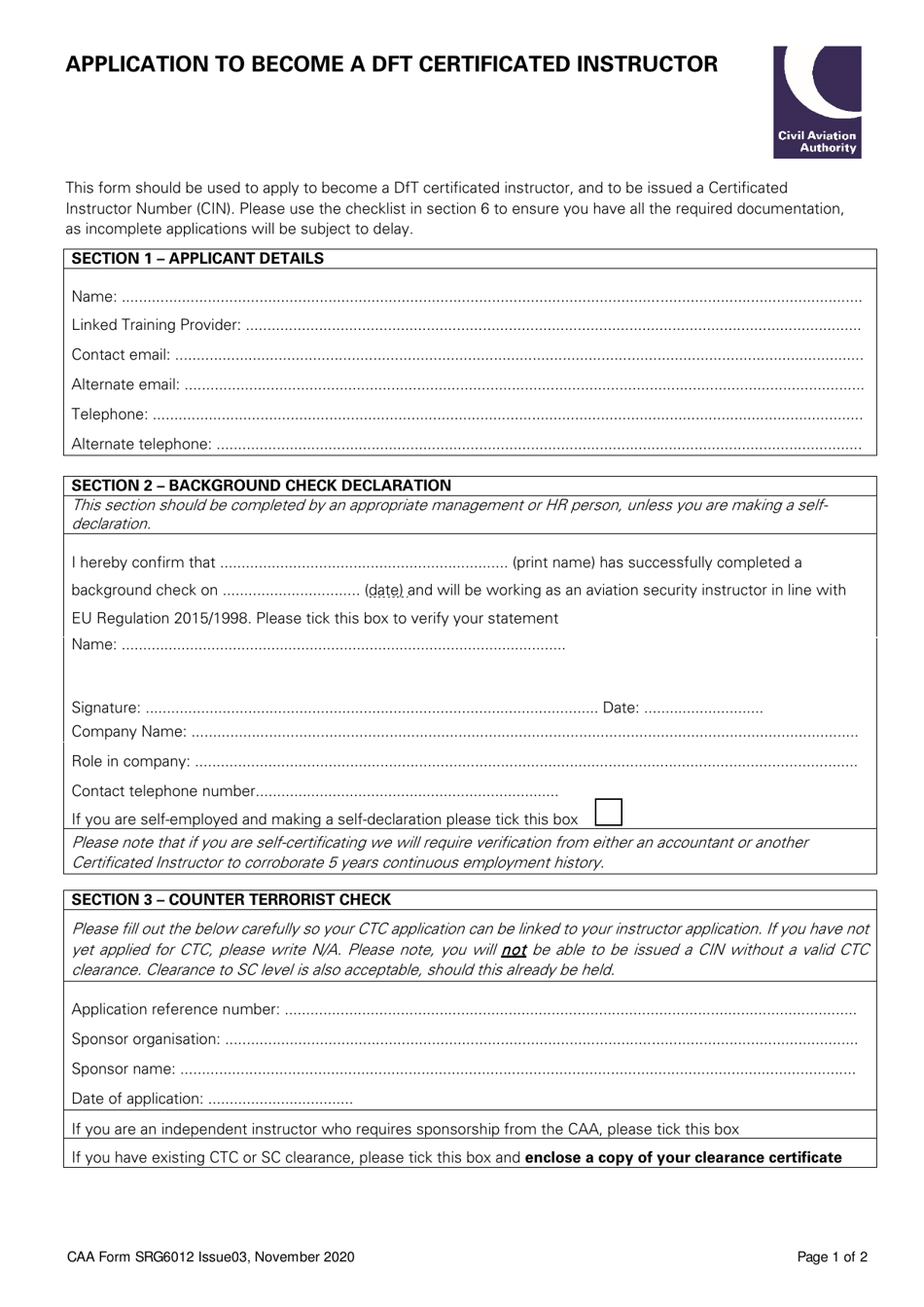 CAA Form SRG6012 Application to Become a Dft Certificated Instructor - United Kingdom, Page 1