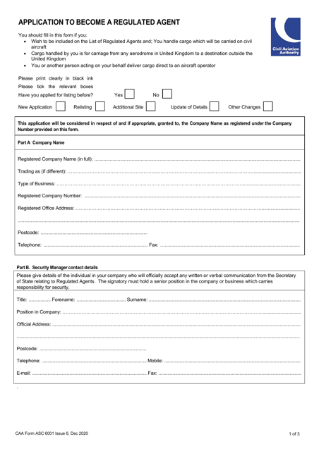 CAA Form ASC6001 Application to Become a Regulated Agent - United Kingdom