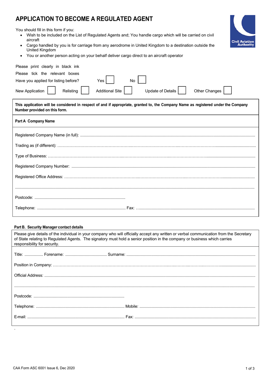 CAA Form ASC6001 Application to Become a Regulated Agent - United Kingdom, Page 1