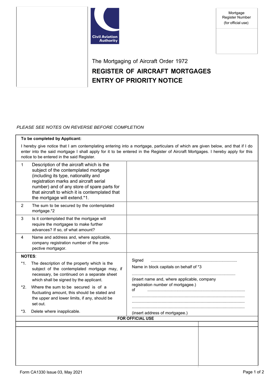 Form CA1330 Entry of Priority Notice - United Kingdom, Page 1