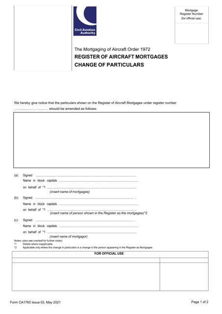 Form CA1760 Change of Particulars - United Kingdom