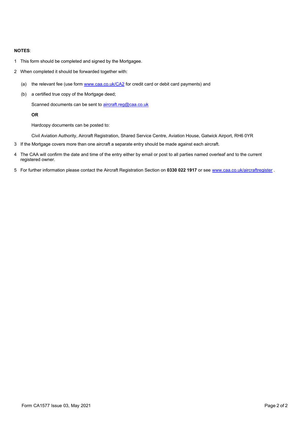 Form CA1577 Register of Aircraft Mortgages Entry of Aircraft Mortgage - United Kingdom, Page 2