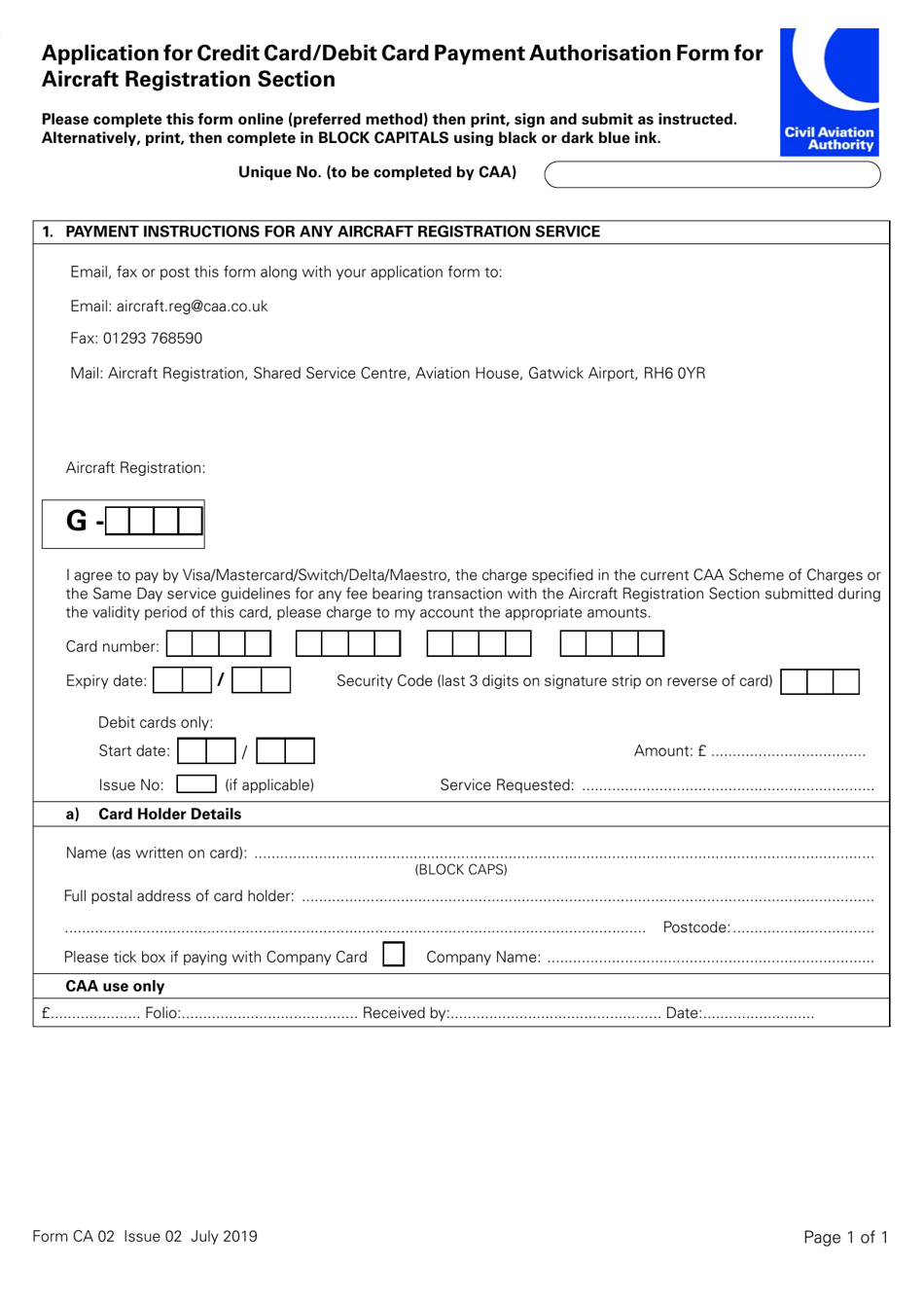 Form CA02 Application for Credit Card / Debit Card Payment Authorisation Form for Aircraft Registration Section - United Kingdom, Page 1