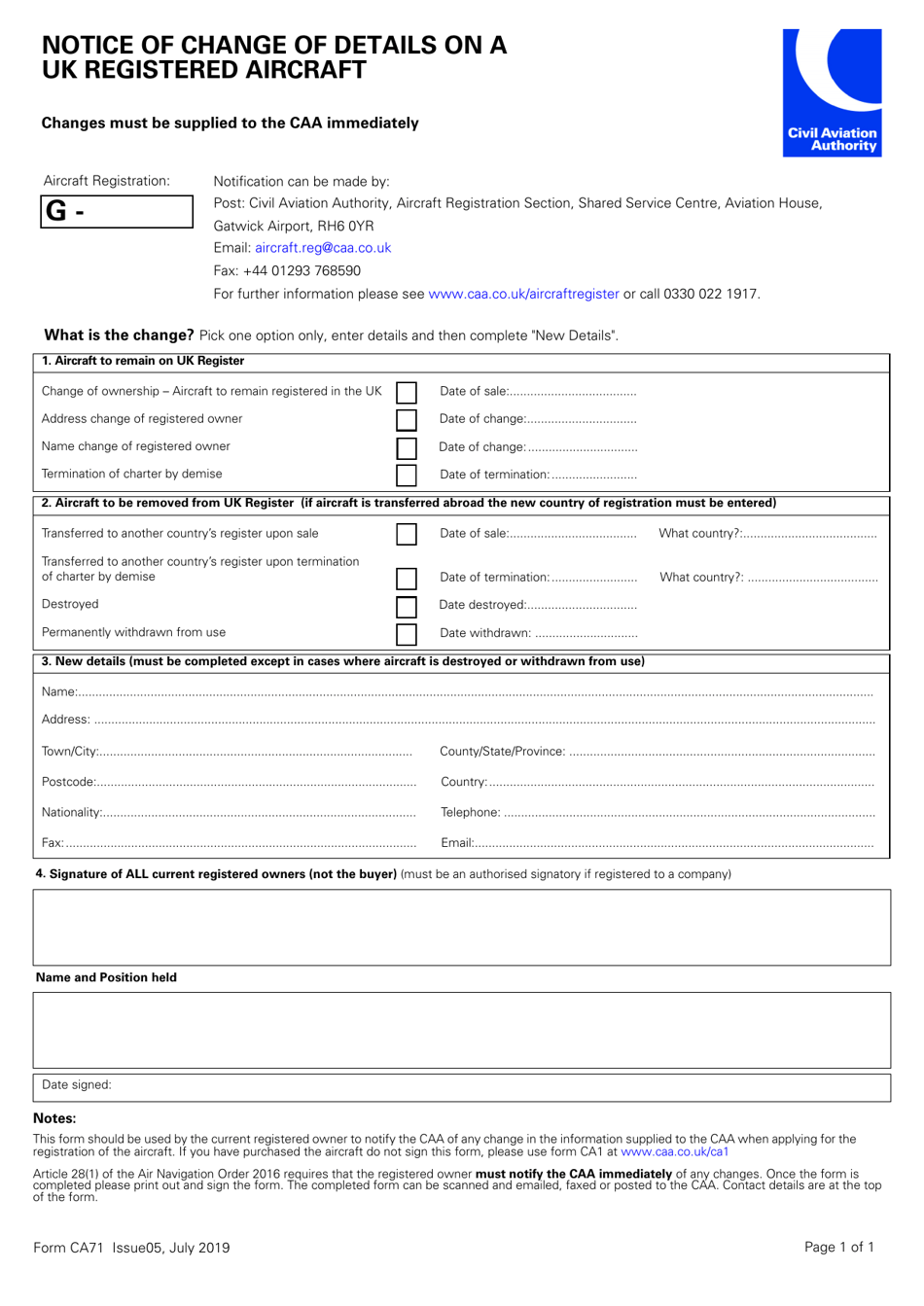 Form CA71 Notice of Change of Details on a UK Registered Aircraft - United Kingdom, Page 1