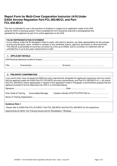 Form CAA5001 Report Form for Multi-Crew Cooperation Instructor (A/H) Under Easa Aircrew Regulation Part-Fcl.905.mcci, and Part-Fcl.940.mcci - United Kingdom