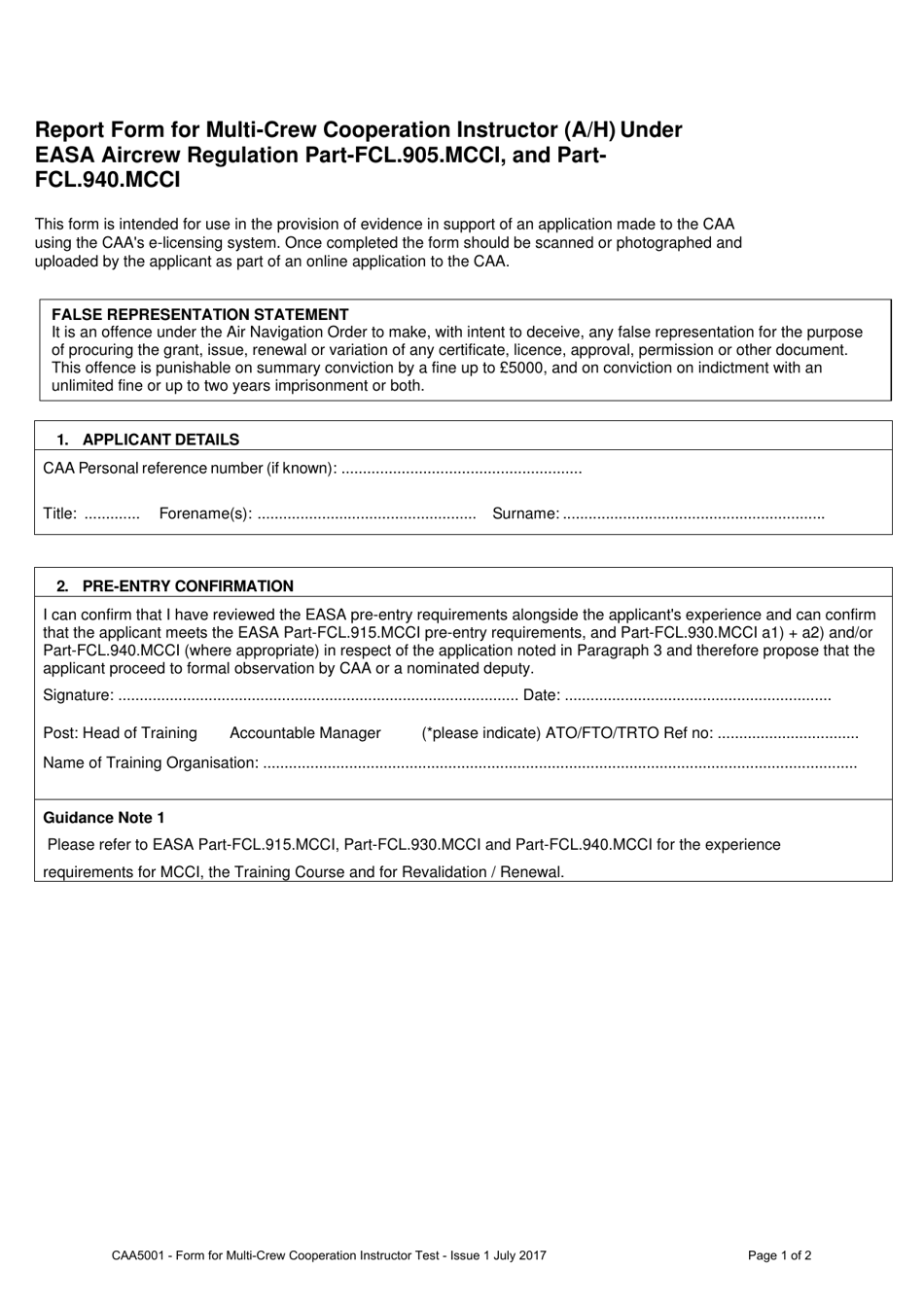 Form CAA5001 Report Form for Multi-Crew Cooperation Instructor (A / H) Under Easa Aircrew Regulation Part-Fcl.905.mcci, and Part-Fcl.940.mcci - United Kingdom, Page 1
