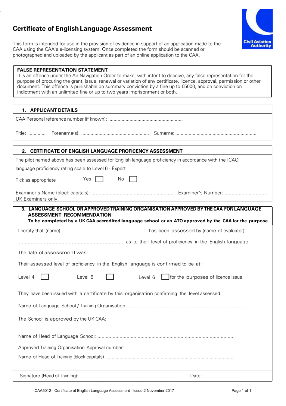 Form CAA5012 Certificate of English Language Assessment - United Kingdom, Page 1
