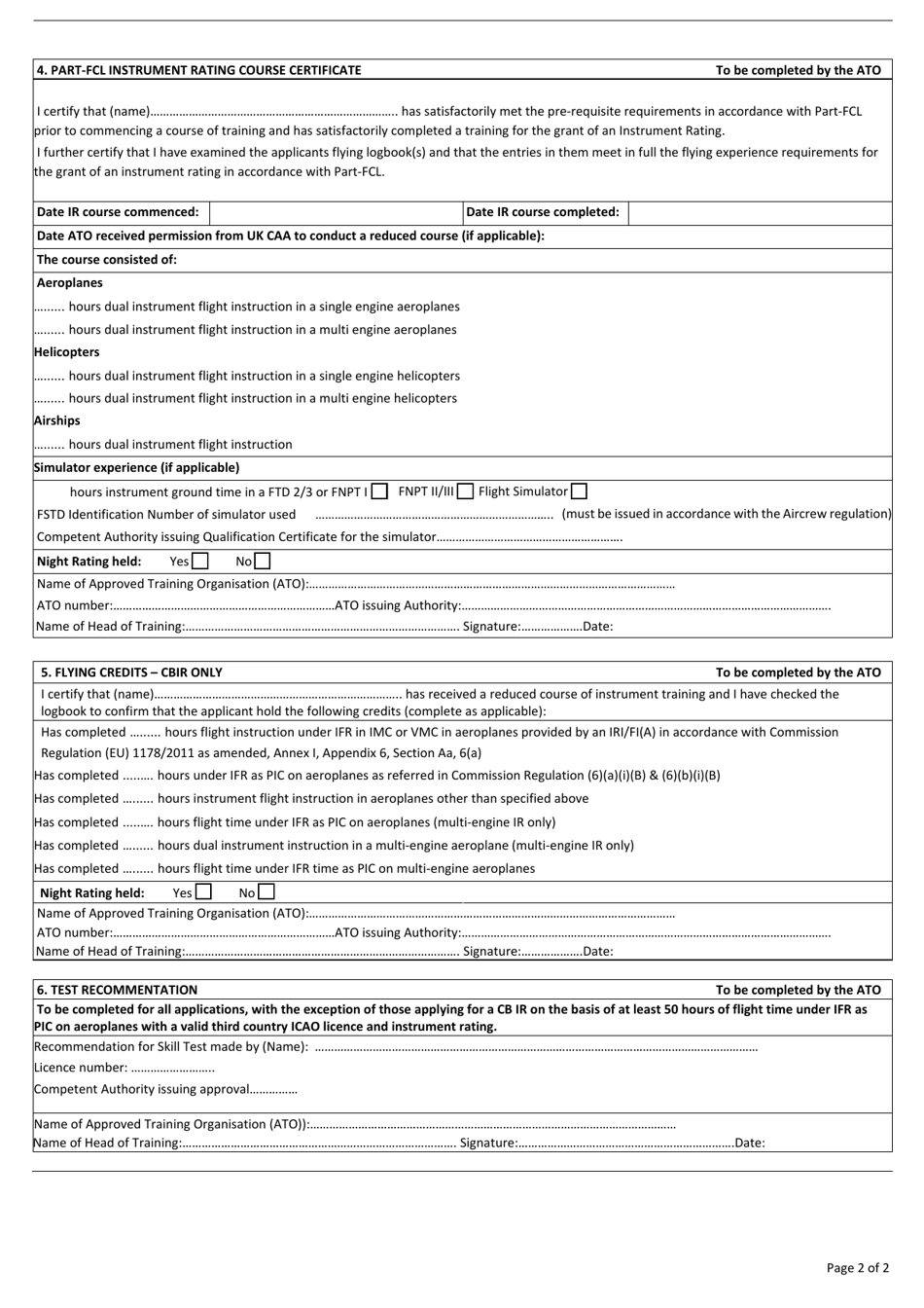 Form CAA5011 Ir Course Completion Certificate - Aeroplane / Helicopter / Airship Instrument Rating in a Part-Fcl Pilots Licence - United Kingdom, Page 2